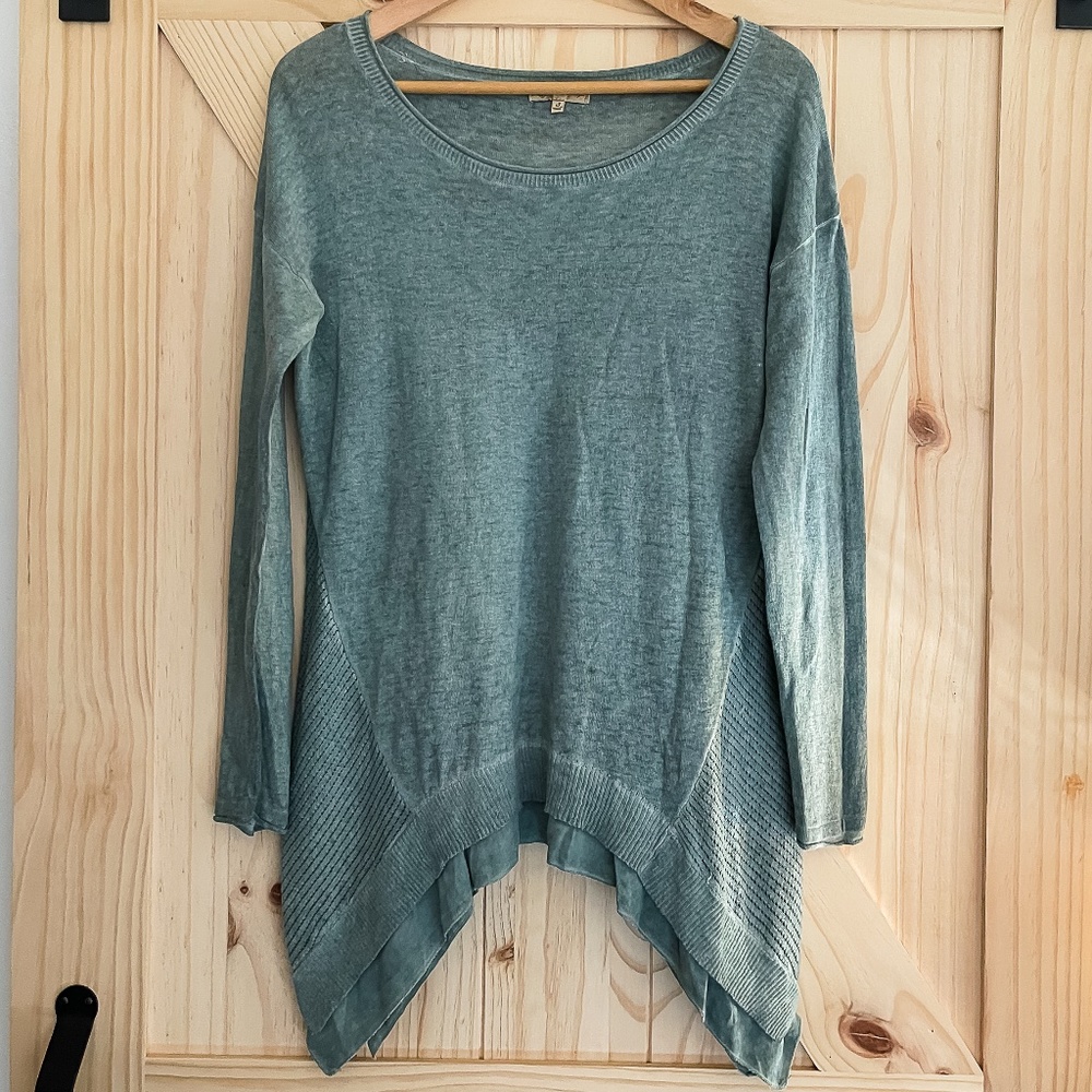 Democracy Teal Lightweight Oversized Sweater with Distressed Edging Sz Small